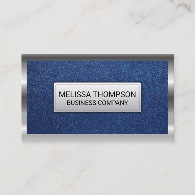 Silver Metallic Frame | Blue Leather Background Business Card (Front)