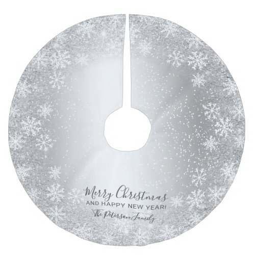 Silver metallic glitter chic snowflakes Christmas Brushed Polyester Tree Skirt