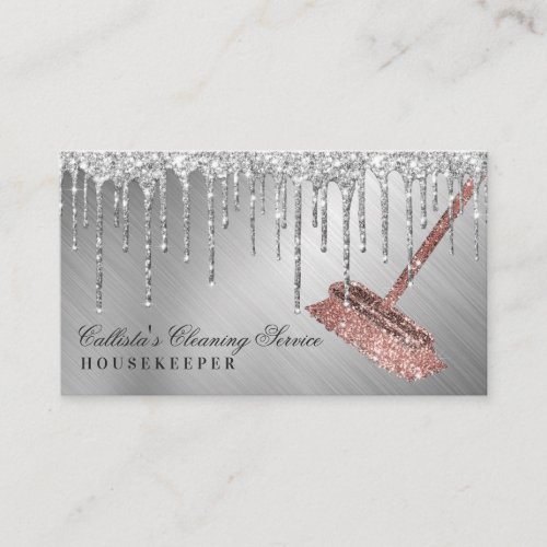 Silver Metallic Glitter Drips Cleaning Service Business Card