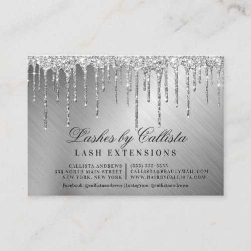 Silver Metallic Glitter Drips Lashes Aftercare Business Card