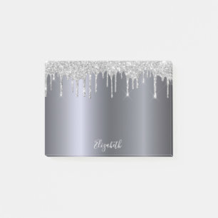Silver metallic glitter drips name post-it notes