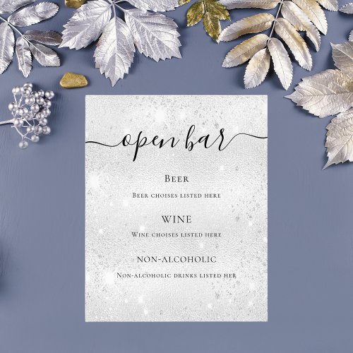 Silver metallic glitter sparkles budget bar menu flyer