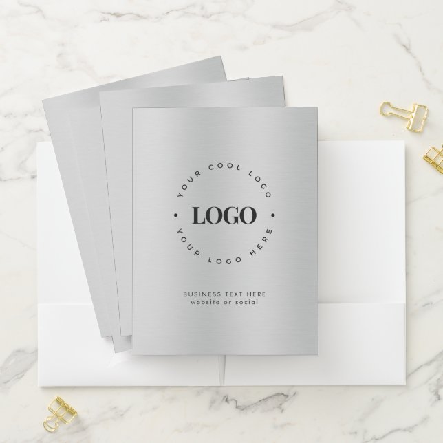 Silver Metallic Gray Add Company Custom Logo  Pocket Folder (In Situ)