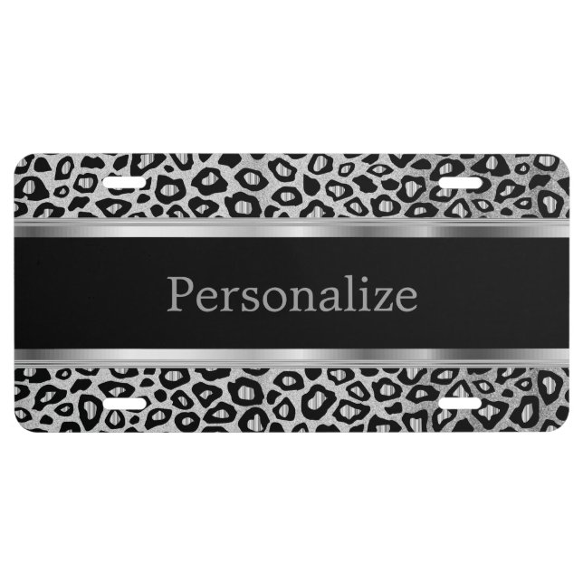 Silver Metallic Leopard Animal Print | Personalize License Plate (Front)
