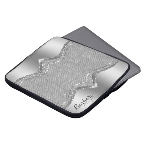 Silver Metallic Look Diamonds Pattern Monogram Laptop Sleeve