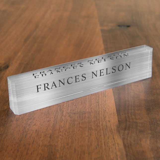 Silver Metallic Look Stylish Serif Desk Name Plate (Side)