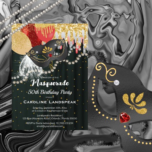 Silver Metallic Mask Masquerade 50th Birthday Invitation