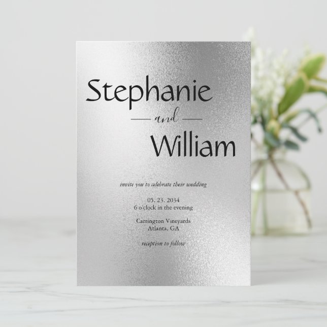 Silver Metallic Modern Elegant Stylish Wedding Invitation (Standing Front)