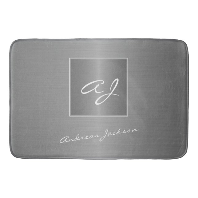 silver metallic modern script monogram name bath mat (Front)