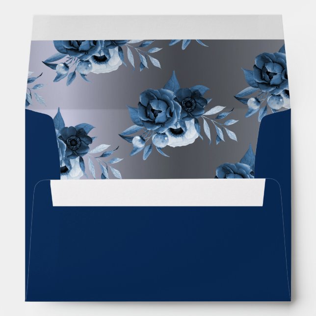 Silver metallic navy blue florals wedding envelope (Back (Bottom))