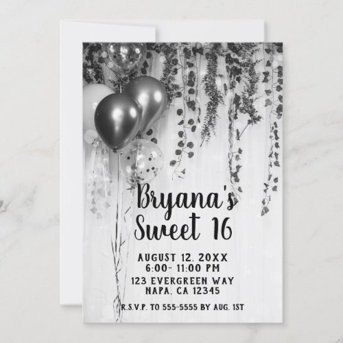 Silver Metallic Party Balloons Ivy Sweet 16 Party Invitation