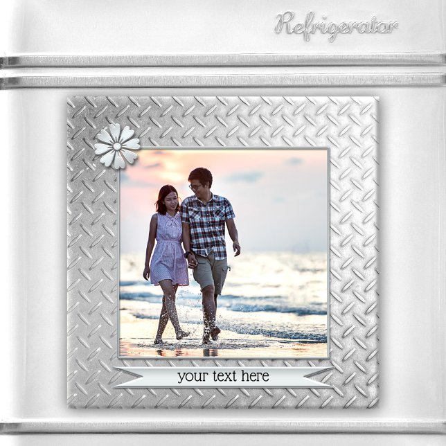 Silver Metallic Personalized Photo Magnet (Photo magnet featuring your own favorite photo framed by a silver metallic design)