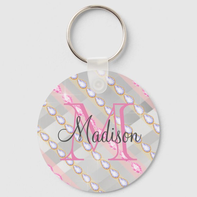 Silver Metallic Pink Rhinestones Personalized Keychain (Front)