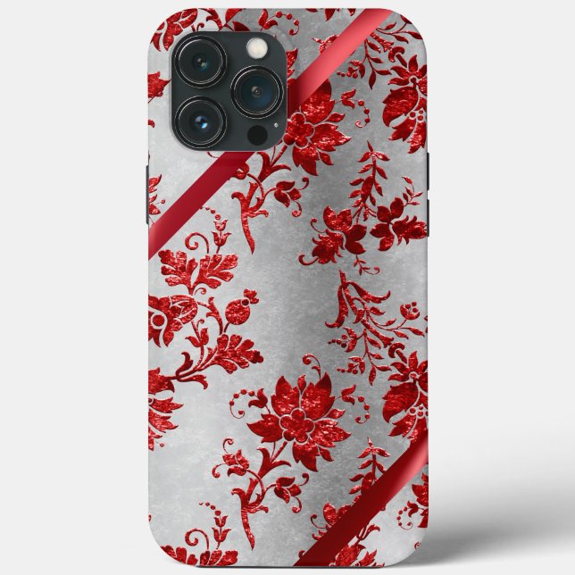 Silver Metallic Red Ribbon Damask Holiday Case-Mate iPhone Case (Back)