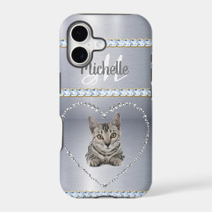 Silver Metallic, Rhinestones, Cat, Personalized iPhone 17 Case