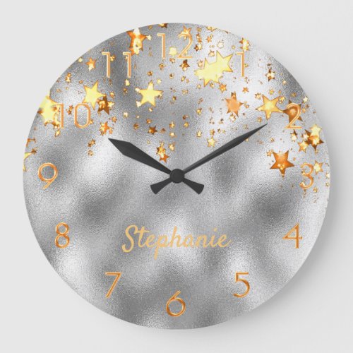 Silver metallic shiny stars gold monogram modern large clock