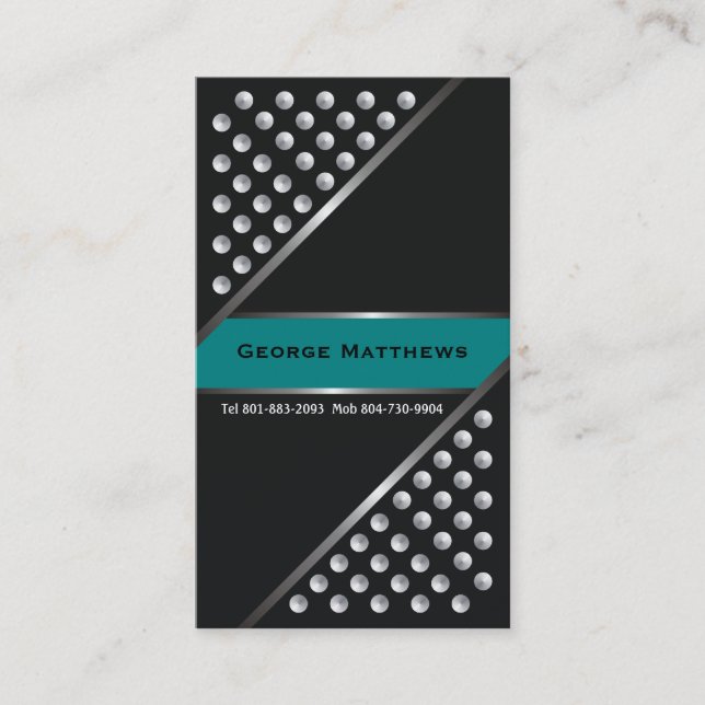 Silver metallic studs black teal business cards (Front)