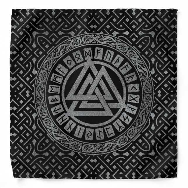 Silver Metallic Valknut Symbol on Celtic Pattern Bandana (Front)
