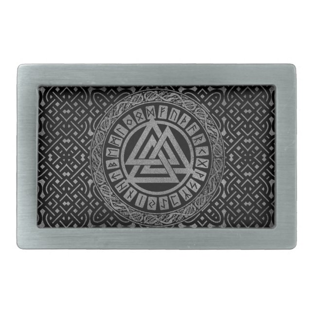 Silver Metallic Valknut Symbol on Celtic Pattern Belt Buckle (Front)