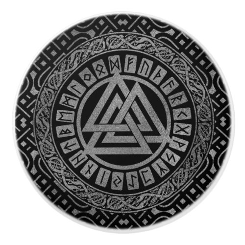 Silver Metallic Valknut Symbol on Celtic Pattern Ceramic Knob