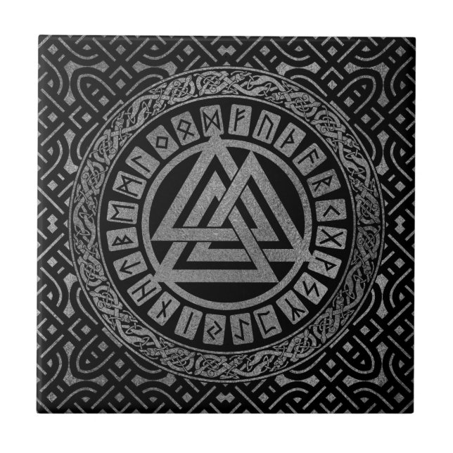 Silver Metallic Valknut Symbol on Celtic Pattern Ceramic Tile (Front)