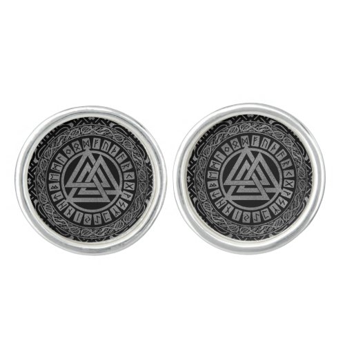 Silver Metallic Valknut Symbol on Celtic Pattern Cufflinks