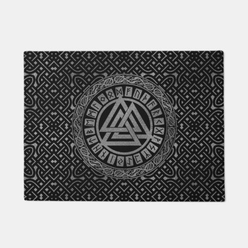 Silver Metallic Valknut Symbol on Celtic Pattern Doormat