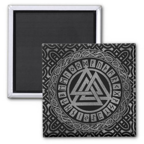 Silver Metallic Valknut Symbol on Celtic Pattern Magnet