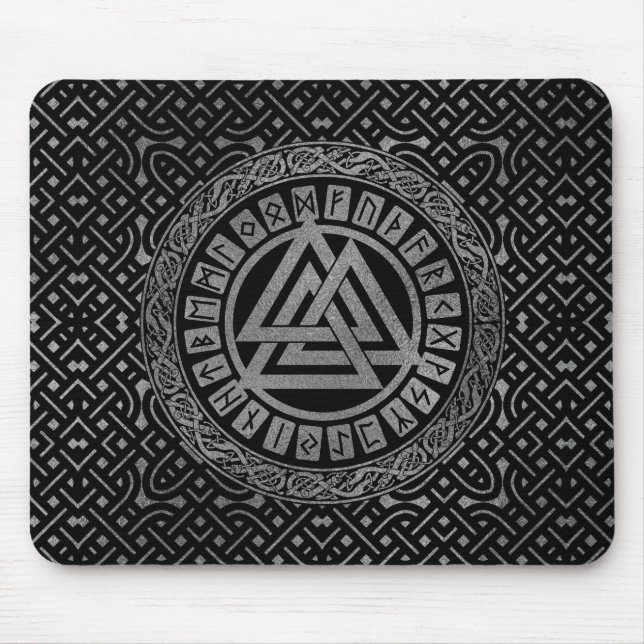 Silver Metallic Valknut Symbol on Celtic Pattern Mouse Pad (Front)