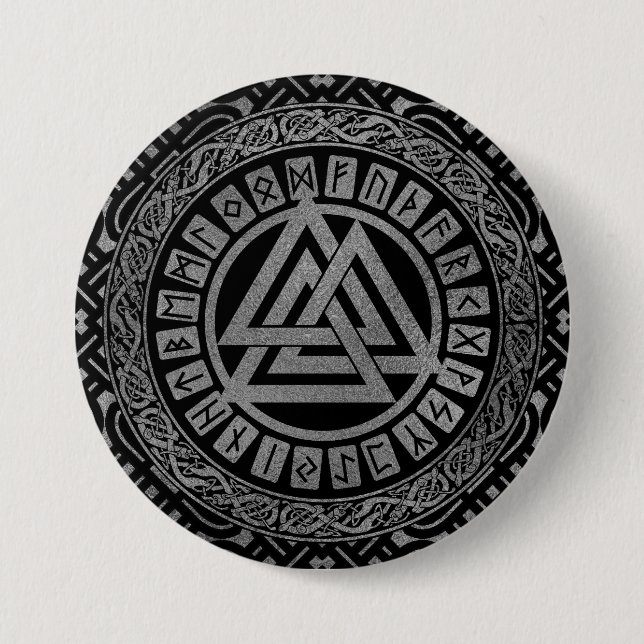 Silver Metallic Valknut Symbol on Celtic Pattern Pinback Button (Front)