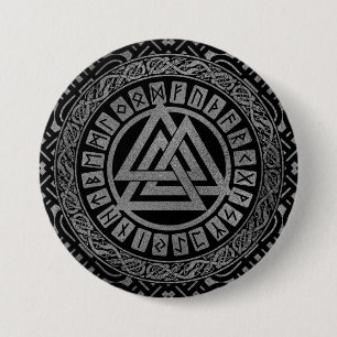 Silver Metallic Valknut Symbol on Celtic Pattern Pinback Button