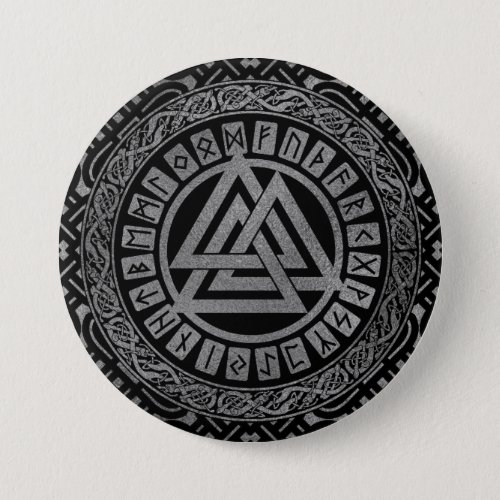 Silver Metallic Valknut Symbol on Celtic Pattern Pinback Button