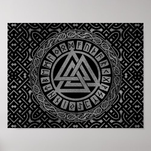 Silver Metallic Valknut Symbol on Celtic Pattern Poster