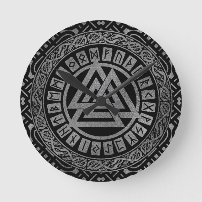 Silver Metallic Valknut Symbol on Celtic Pattern Round Clock (Front)