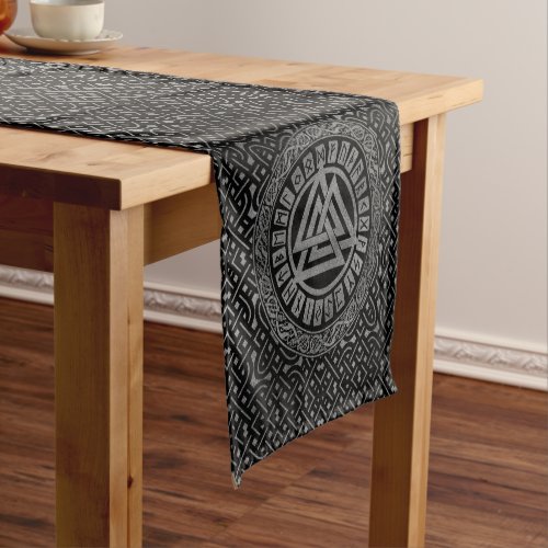 Silver Metallic Valknut Symbol on Celtic Pattern Short Table Runner