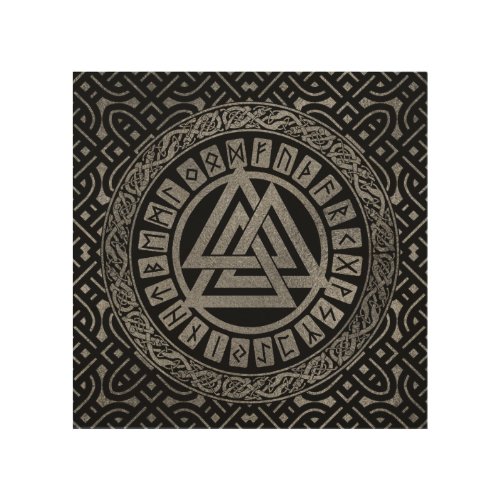 Silver Metallic Valknut Symbol on Celtic Pattern Wood Wall Art