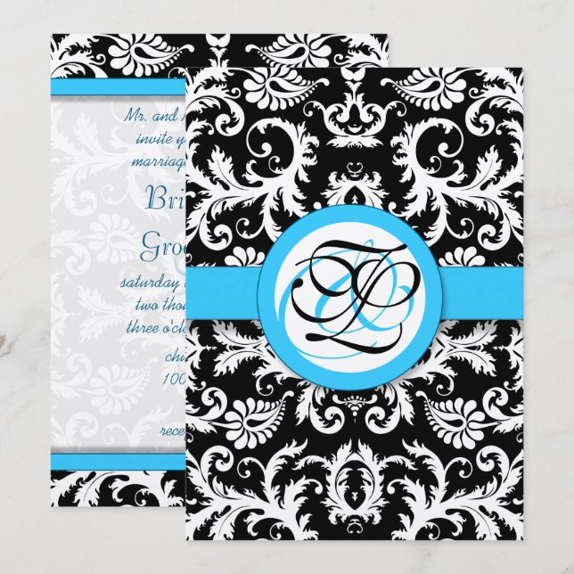 Silver Metallic Vintage Damask Bright Aqua Trim Invitation (Front/Back)