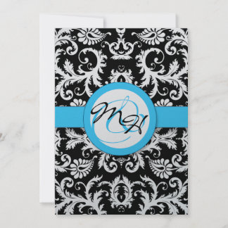Silver Metallic Vintage Damask Bright Aqua Trim Invitation
