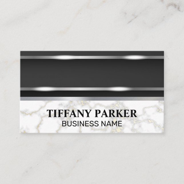 Silver Metallic | White Marble Metallic Trim Business Card (Front)