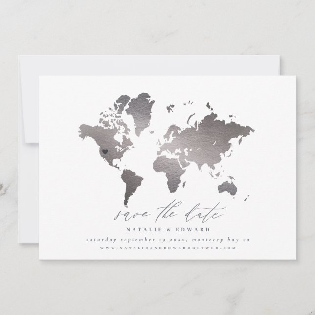 Silver metallic world map wedding announcement (Front)