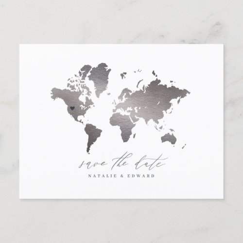 Silver metallic world map wedding announcement