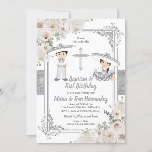 Silver Mexican Baptism and Birthday Fiesta Twin Invitation