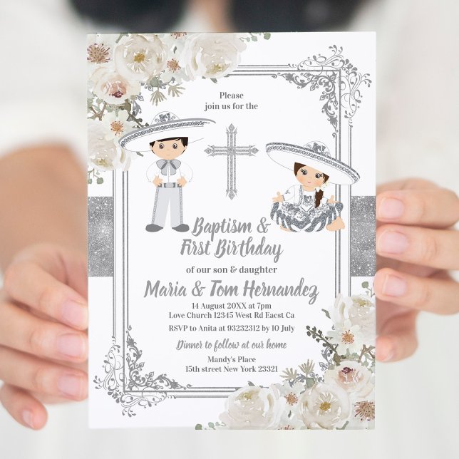 Silver Mexican Baptism and Birthday Fiesta Twin Invitation (Creator Uploaded)