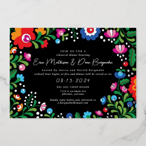 Silver Mexican Embroidery Wedding Rehearsal Dinner Foil Invitation