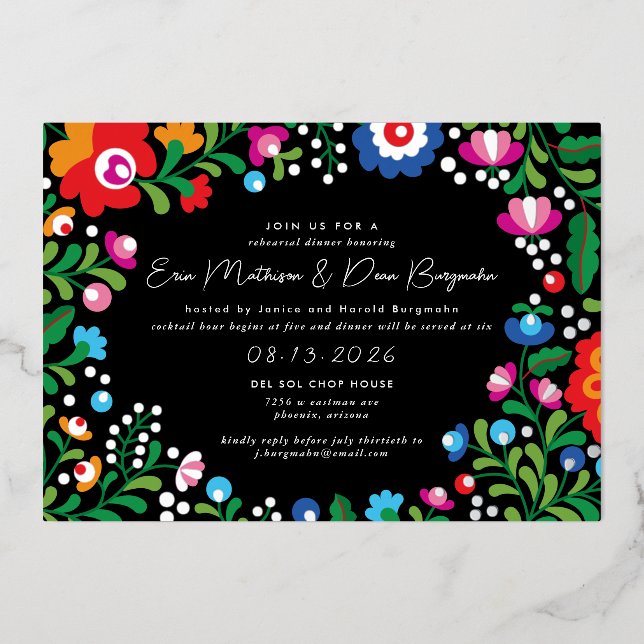 Silver Mexican Embroidery Wedding Rehearsal Dinner Foil Invitation (Front)
