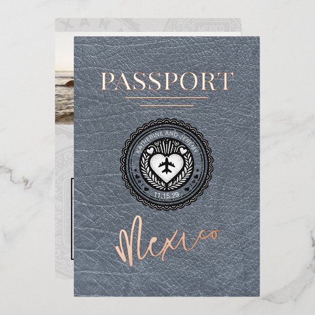 Silver Mexico Passport Wedding Foil Invitation (Front/Back)