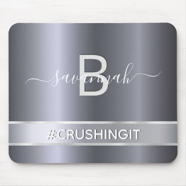 Silver minimalist elegant monogram text mouse pad (Front)