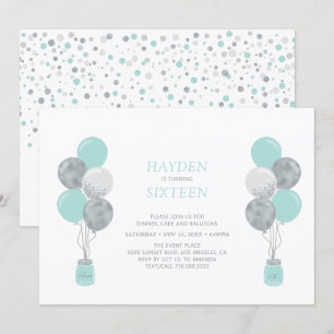 Silver & Mint Balloon Sweet Sixteen Birthday Party Invitation