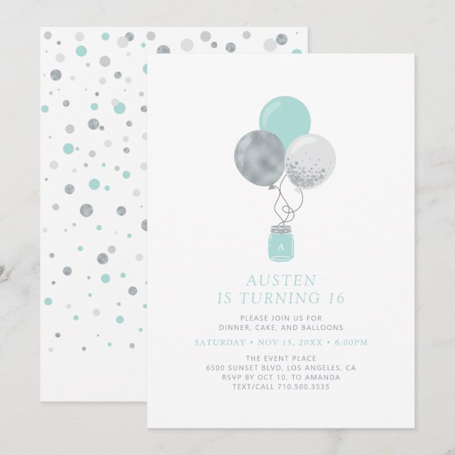 Silver & Mint Balloons Modern 18th Birthday Party Invitation (Front/Back)