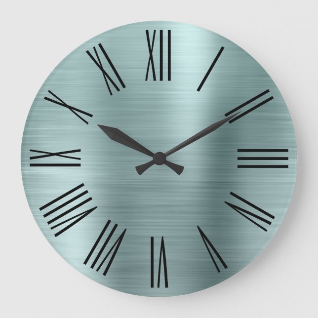 Silver Mint Brushed Foil Black Roman Numerals Large Clock (Front)